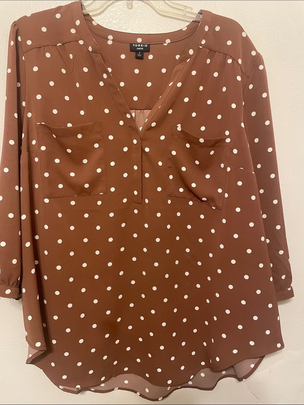 torrid “Harper” milk chocolate  brown polka dot split-neck blouse